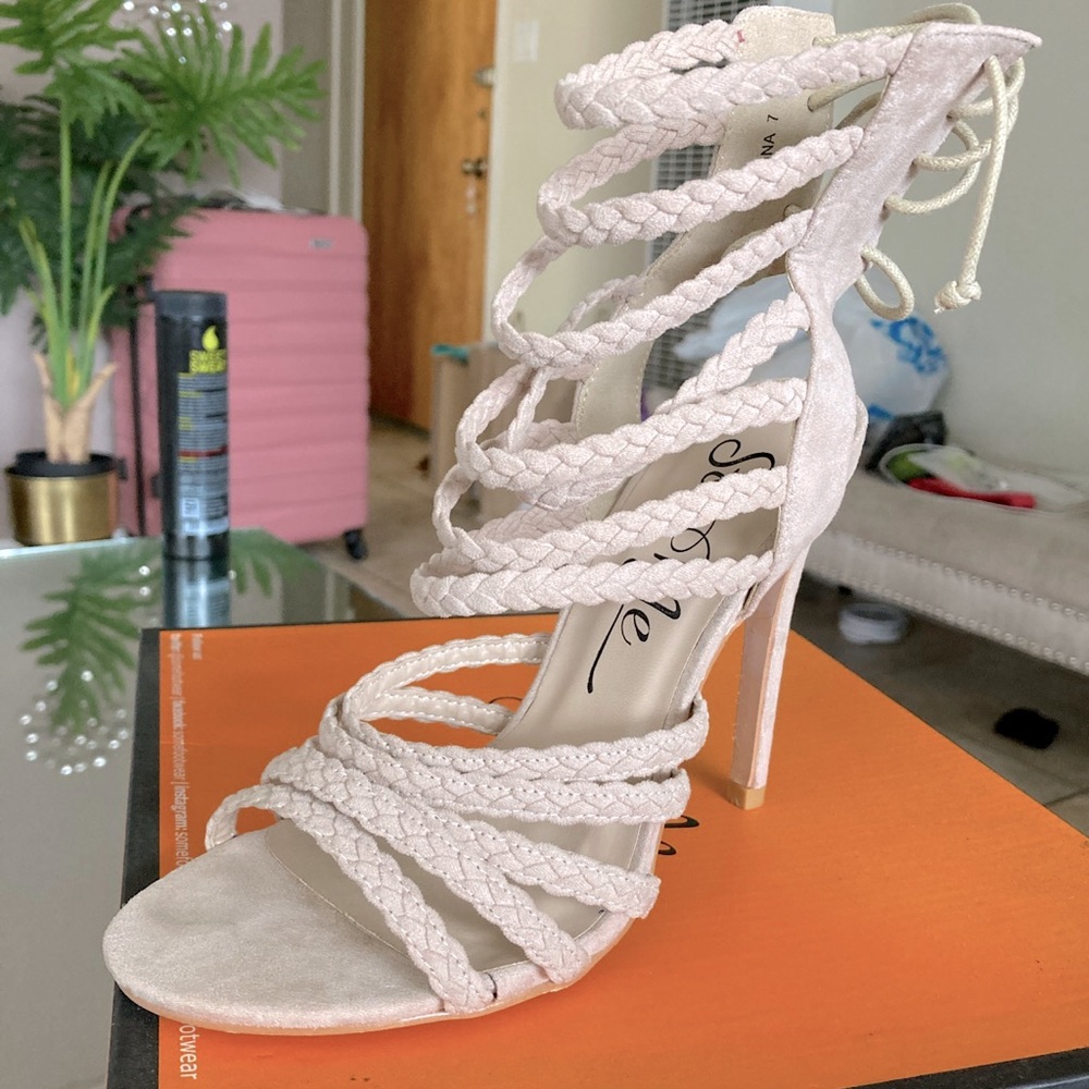 Beige strappy heels